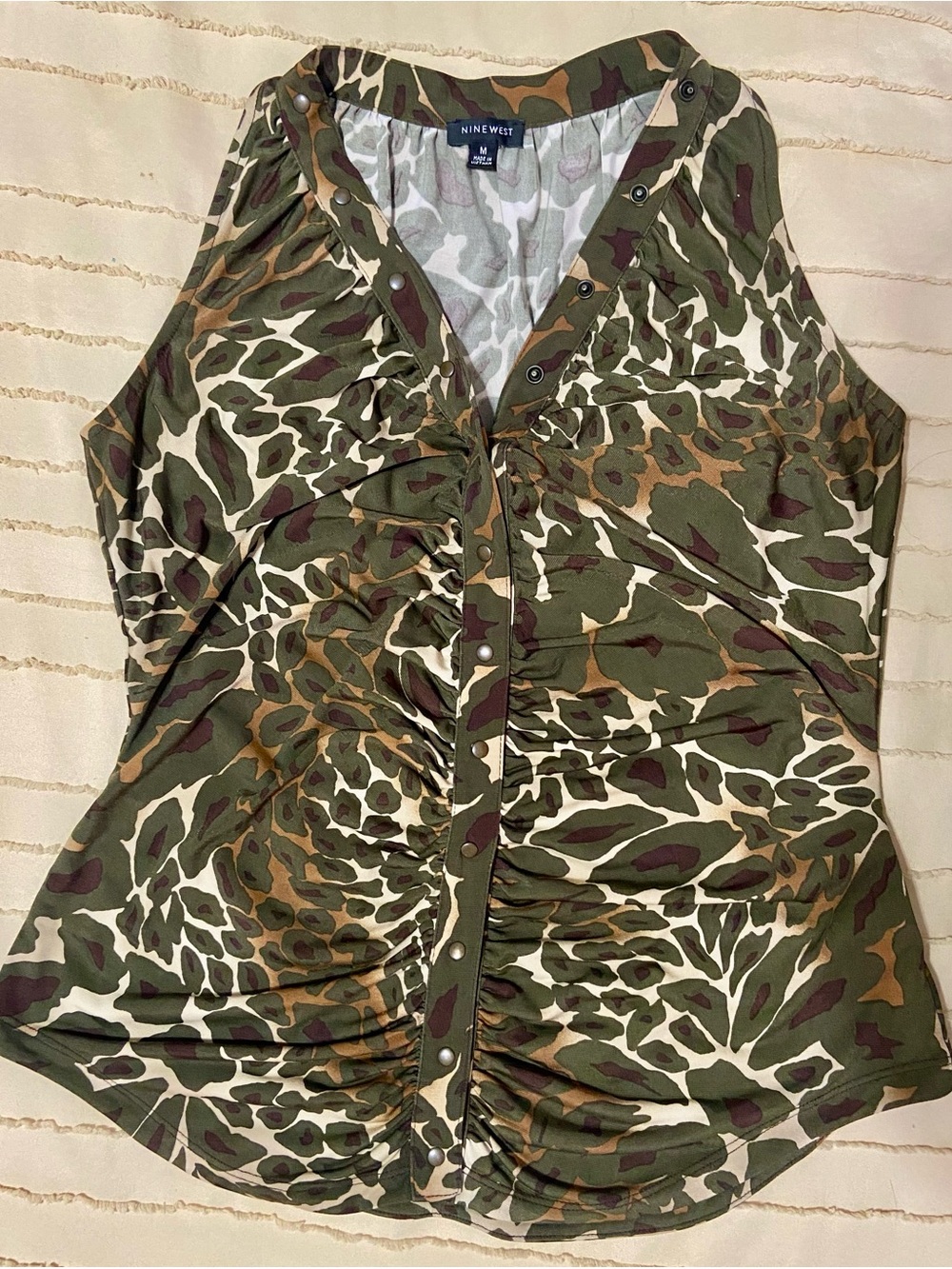 Nine West Green and Brown Camo Ruched Snap-Front Sleeveless Top